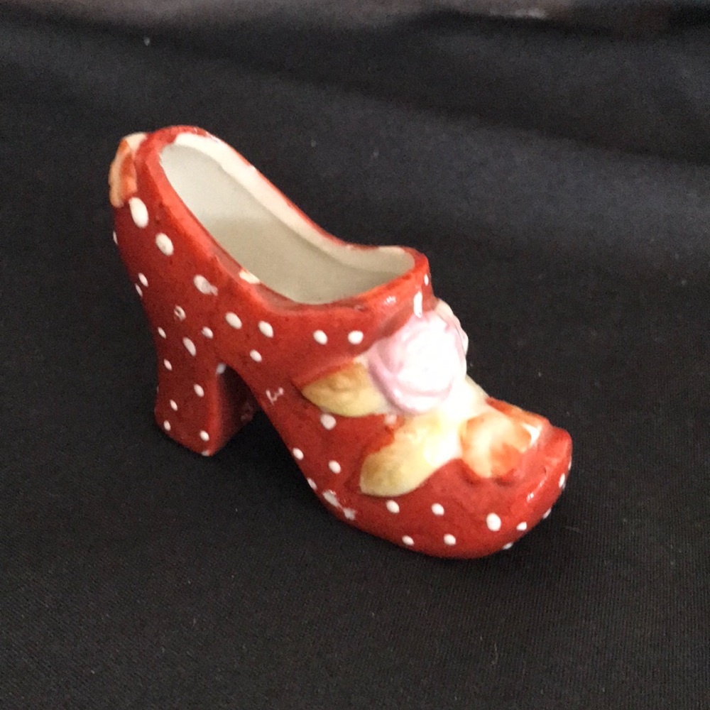 Vintage Ceramic Porcelain Miniature Shoe~Japan~MCM Fashion Decor red white dots